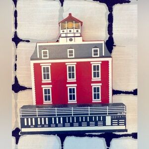 Red Nautical Wooden Shelf Sitter Lighthouse Decor